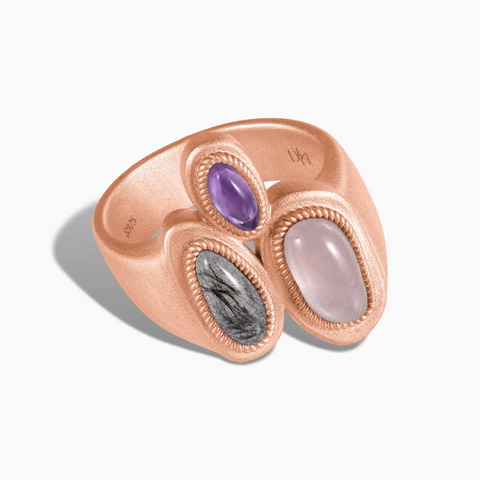 18KT Rose Gold Vermeil Asymmetrical Rose Quartz & Black Rutilated Quartz Vintage Ring - Archipelago Front View