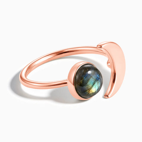 18KT Rose Gold Vermeil Cabochon Labradorite Crescent Open Ring - Cosmic Path Front View