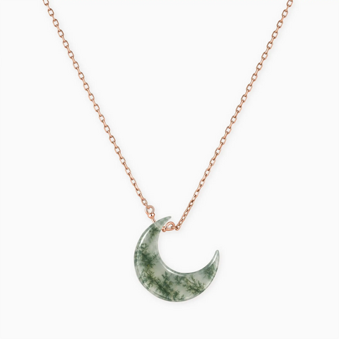 18KT Rose Gold Vermeil Crescent Moss Agate Pendant Necklace - Nightfall Front View