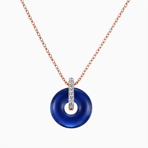 18KT Rose Gold Vermeil Donut Blue Sapphire Pave Bar Necklace - Origin Loop Front View