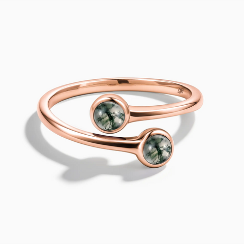18KT Rose Gold Vermeil Double Cabochon Moss Agate Ring - Twins Collection Front View