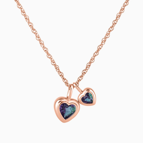18KT Rose Gold Vermeil Double Heart Alexandrite Bezel Necklace - Coeur Echo Front View