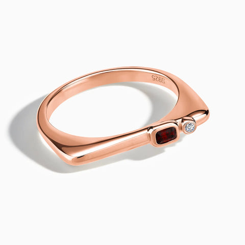 18KT Rose Gold Vermeil Emerald Cut Garnet Puzzle Stacking Ring - Minimal Align Front View