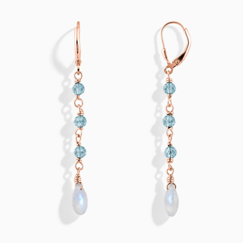 18KT Rose Gold Vermeil Freeform Aquamarine & Moonstone Linked Dangle Earrings - Trailing Whispers Front View