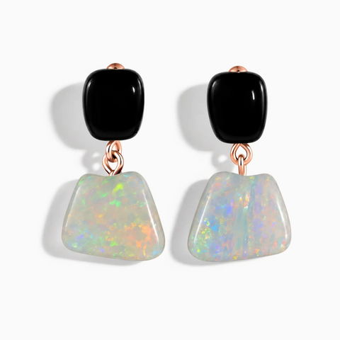 18KT Rose Gold Vermeil Freeform Black Onyx & Opal Stud Earrings - Linked Fate Front View