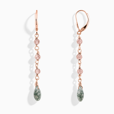 18KT Rose Gold Vermeil Freeform Morganite & Moss Agate Linked Dangle Earrings - Trailing Whispers Front View