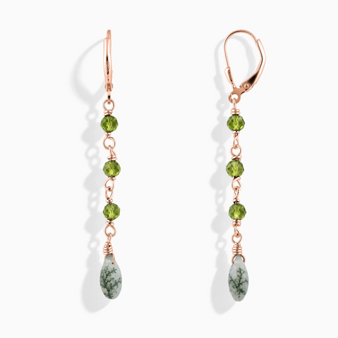 18KT Rose Gold Vermeil Freeform Peridot & Moss Agate Linked Dangle Earrings - Trailing Whispers Front View