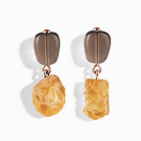 18KT Rose Gold Vermeil Freeform Smoky Quartz & Raw Citrine Stud Earrings - Tethered Earth Front View