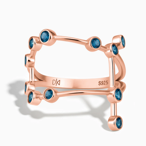 18KT Rose Gold Vermeil Gemini Zodiac Constellation Ring - London Blue Topaz Front View
