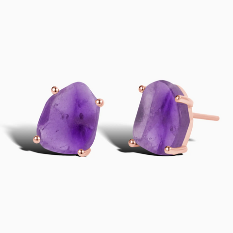 18KT Rose Gold Vermeil Geometric Freeform Amethyst Stud Earrings - Facet Prism Front View