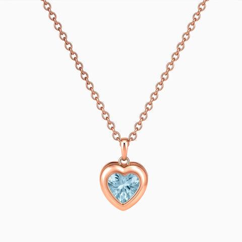 18KT Rose Gold Vermeil Heart Aquamarine Bezel Necklace - Love Shelter Front View