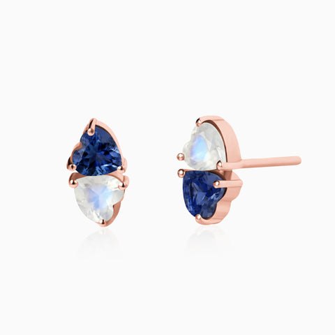 18KT Rose Gold Vermeil Heart Blue Sapphire & Moonstone Toi et Moi Stud Earrings - Duality Front View