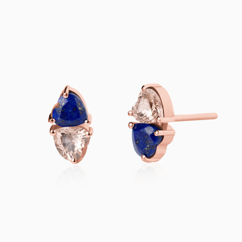 18KT Rose Gold Vermeil Heart Lapis Lazuli & Morganite Toi et Moi Stud Earrings - Duality Front View