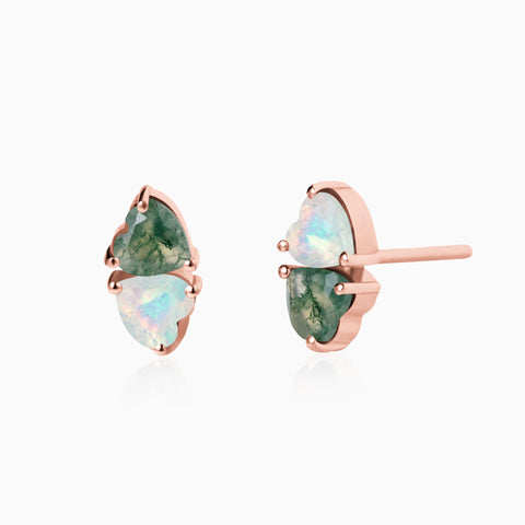 18KT Rose Gold Vermeil Heart Moss Agate & Opal Toi et Moi Stud Earrings - Duality Front View