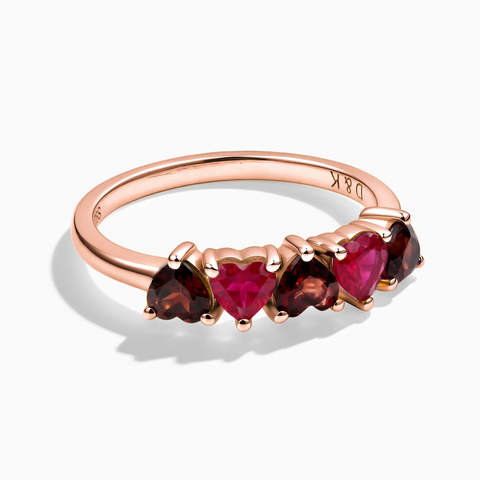 18KT Rose Gold Vermeil Heart Ruby & Garnet Arc Ring - Crescent Line Front View
