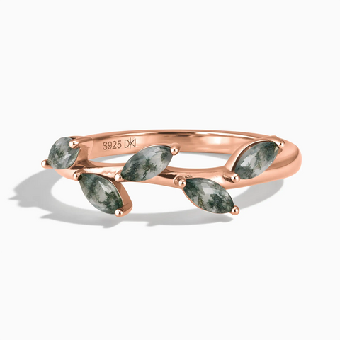 18KT Rose Gold Vermeil Marquise Moss Agate Leaf Ring - Secret Garden Front View