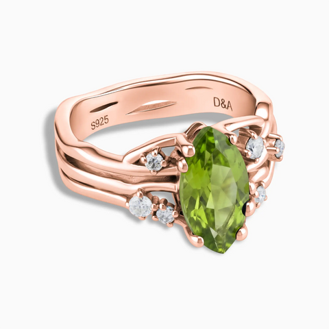 18KT Rose Gold Vermeil Marquise Peridot Branch-Like Ring - Regal Gleam Front View