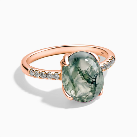 18KT Rose Gold Vermeil Moss Agate Cabochon Ring - Minimal Spiritual Front View