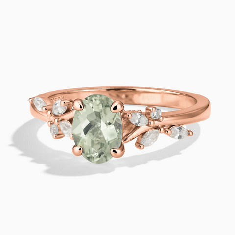 18KT Rose Gold Vermeil Oval Green Amethyst Branch-Like Ring - Sylvan Charm Front View