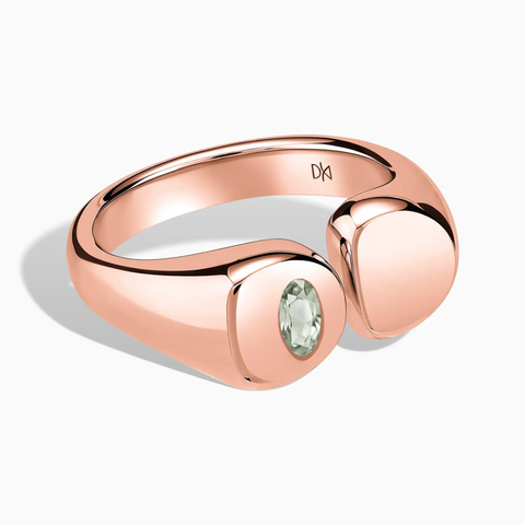 18KT Rose Gold Vermeil Oval Green Amethyst Signet Ring - Close at Hand Front View