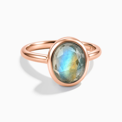 18KT Rose Gold Vermeil Oval Labradorite Bezel Ring - Harmony Front View