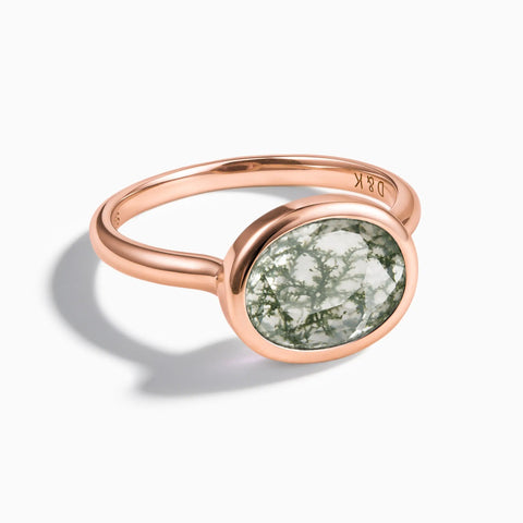 18KT Rose Gold Vermeil Oval Moss Agate Bezel Ring - Contour Front View