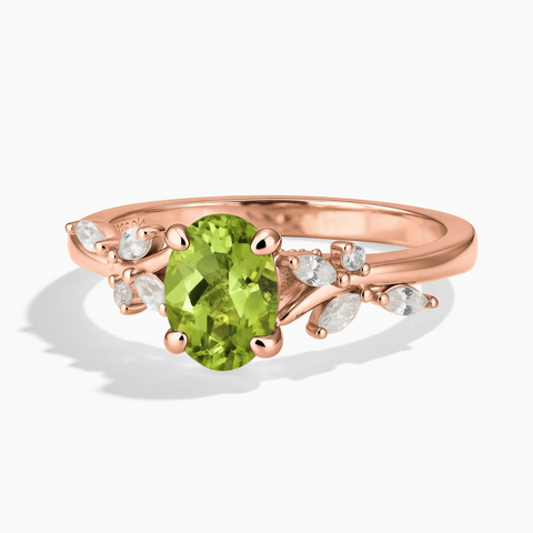 18KT Rose Gold Vermeil Oval Peridot Branch-Like Ring - Sylvan Charm Front View