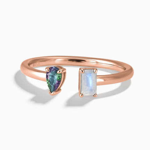 18KT Rose Gold Vermeil Pear Alexandrite Emerald Cut Moonstone Toi et Moi Open Ring - Two Souls Front View