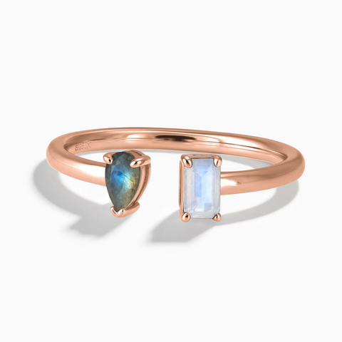18KT Rose Gold Vermeil Pear Labradorite Emerald Cut Moonstone Toi et Moi Open Ring - Two Souls Front View