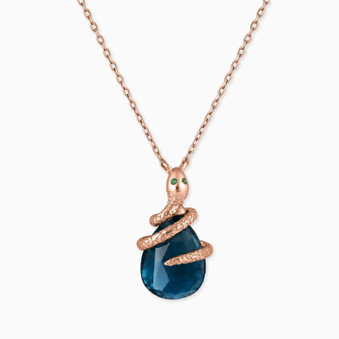 18KT Rose Gold Vermeil Pear London Blue Topaz Serpent Wrap Necklace Wild Oath Front View