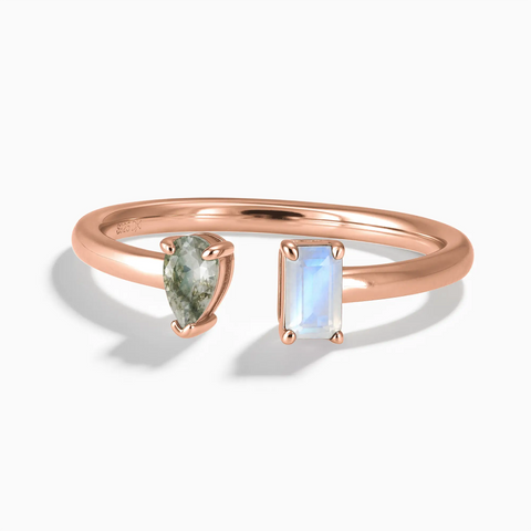 18KT Rose Gold Vermeil Pear Moss Agate Emerald Cut Moonstone Toi et Moi Open Ring - Two Souls Front View
