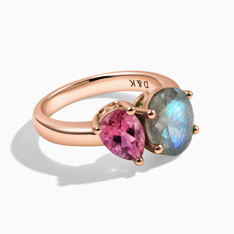 18KT Rose Gold Vermeil Pear Pink Tourmaline & Oval Labradorite Toi et Moi Ring - Twin Reverie Front View