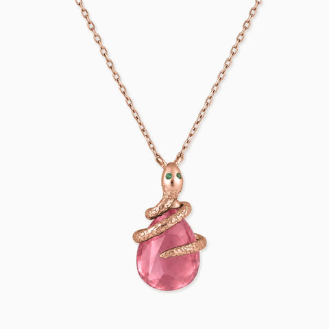 18KT Rose Gold Vermeil Pear Pink Tourmaline Serpent Wrap Necklace Wild Oath Front View