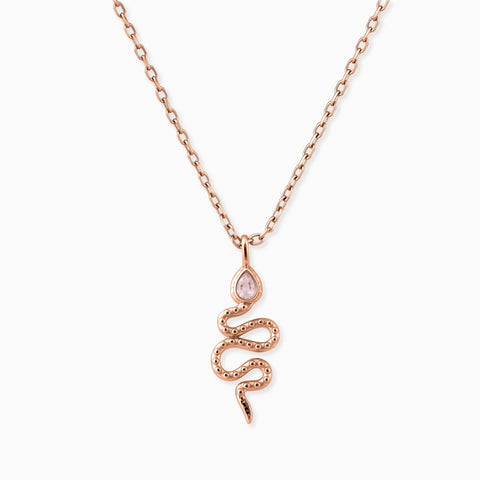 18KT Rose Gold Vermeil Pear Rose Quartz Serpent Pendant Necklace Meander Front View