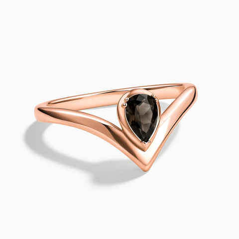 18KT Rose Gold Vermeil Pear Smoky Quartz V Band Ring - Chevron Front View