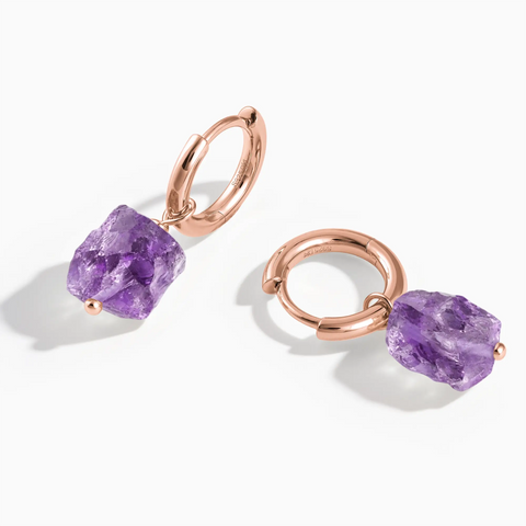 18KT Rose Gold Vermeil Raw Amethyst Drop Hoop Earrings - Untamed Grace Front View