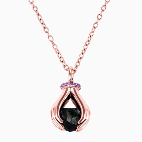 18KT Rose Gold Vermeil Raw Black Onyx Cradle Necklace - Guardian Hands Front View