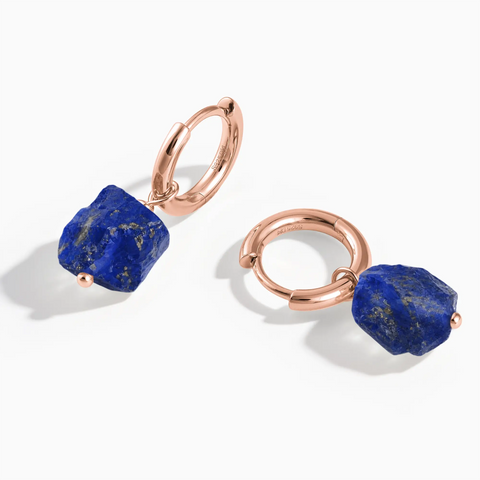 18KT Rose Gold Vermeil Raw Lapis Lazuli Drop Hoop Earrings - Untamed Grace Front View