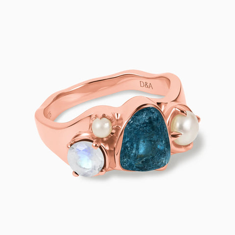 18KT Rose Gold Vermeil Raw London Blue Topaz & Round Moonstone Wavy Ring - Rolling Tides Front View