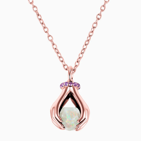 18KT Rose Gold Vermeil Raw Opal Cradle Necklace - Guardian Hands Front View