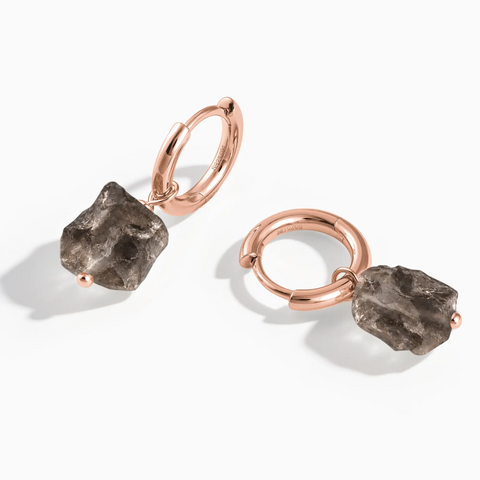 18KT Rose Gold Vermeil Raw Smoky Quartz Drop Hoop Earrings - Untamed Grace Front View