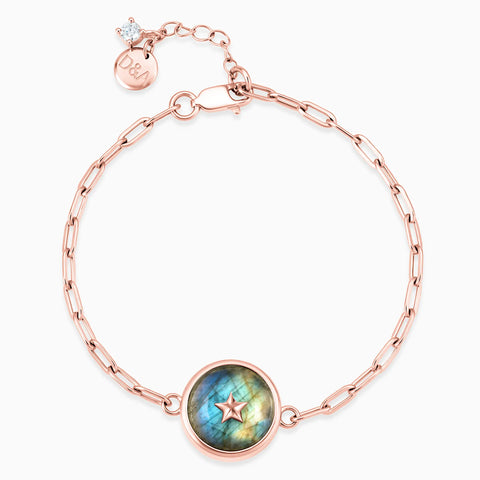 18KT Rose Gold Vermeil Round Labradorite Paperclip Bracelet - Solo Star Front View