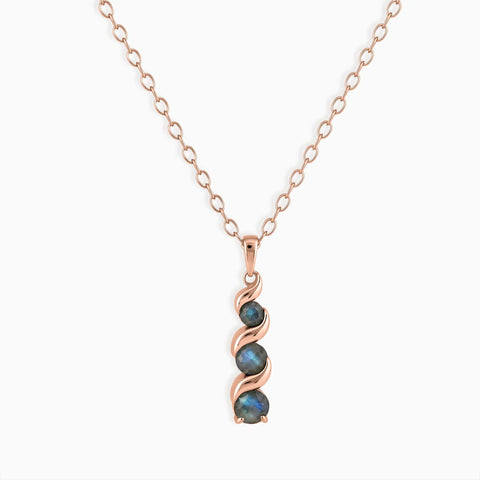 18KT Rose Gold Vermeil Round Labradorite Triple Gemstone Twisted Necklace - Spiral Rondo Front View