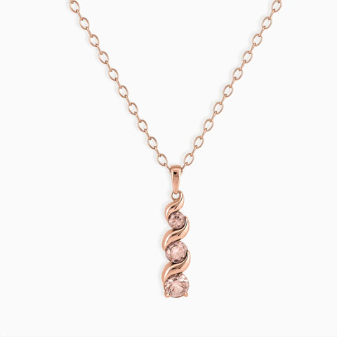 18KT Rose Gold Vermeil Round Morganite Triple Gemstone Twisted Necklace - Spiral Rondo Front View