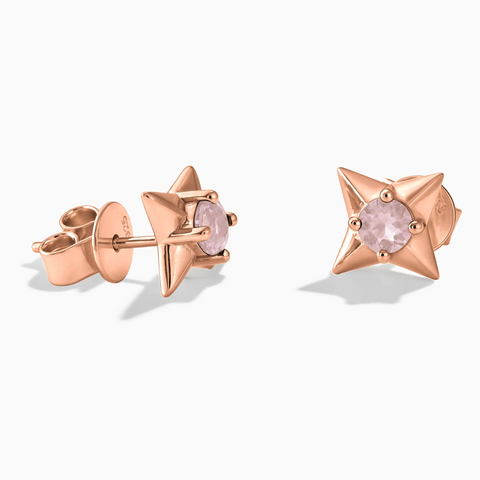 18KT Rose Gold Vermeil Round Rose Quartz Four Point Star Stud Earrings - Wishkeeper Front View