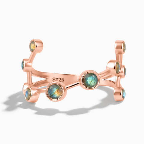 18KT Rose Gold Vermeil Scorpio Zodiac Constellation Ring - Labradorite Front View