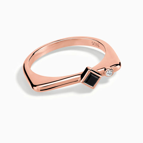 18KT Rose Gold Vermeil Square Black Onyx Puzzle Stacking Ring - Minimal Light Front View