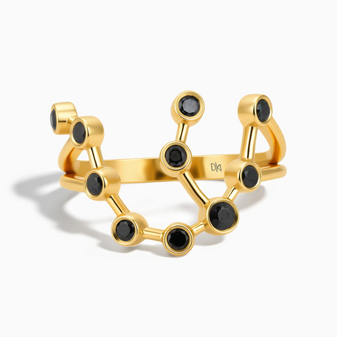18KT Yellow Gold Vermeil Aquarius Zodiac Constellation Ring - Black Onyx Front View