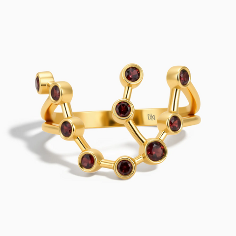 18KT Yellow Gold Vermeil Aquarius Zodiac Constellation Ring - Garnet Front View