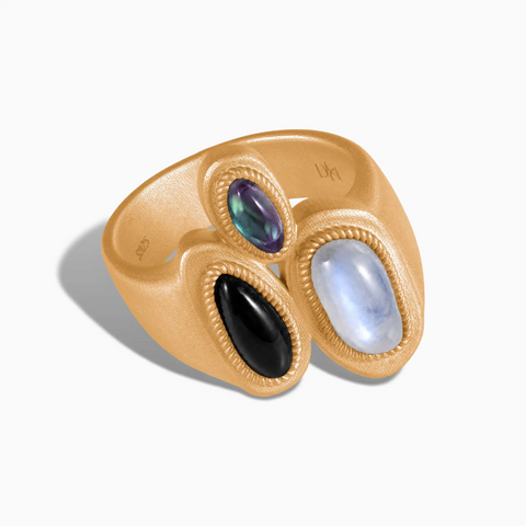 18KT Yellow Gold Vermeil Asymmetrical Moonstone & Black Onyx Vintage Ring - Archipelago Front View